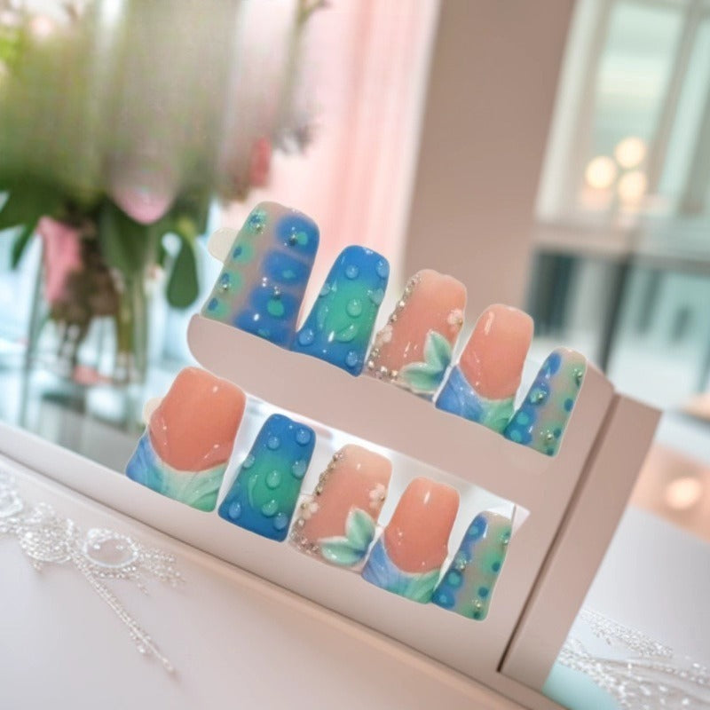 Duck Beak Nail Ice Transparent French Stereo Blue Flower Hand Painted Patch Personalized Press on Nails