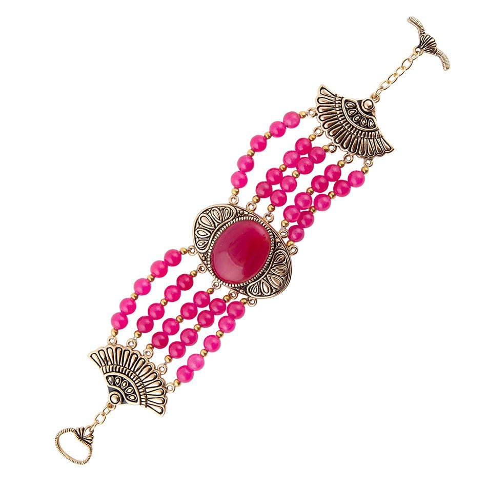 Flamenco Pink Magenta Agate Golden Statement Bracelet - ThisandThatShoppe