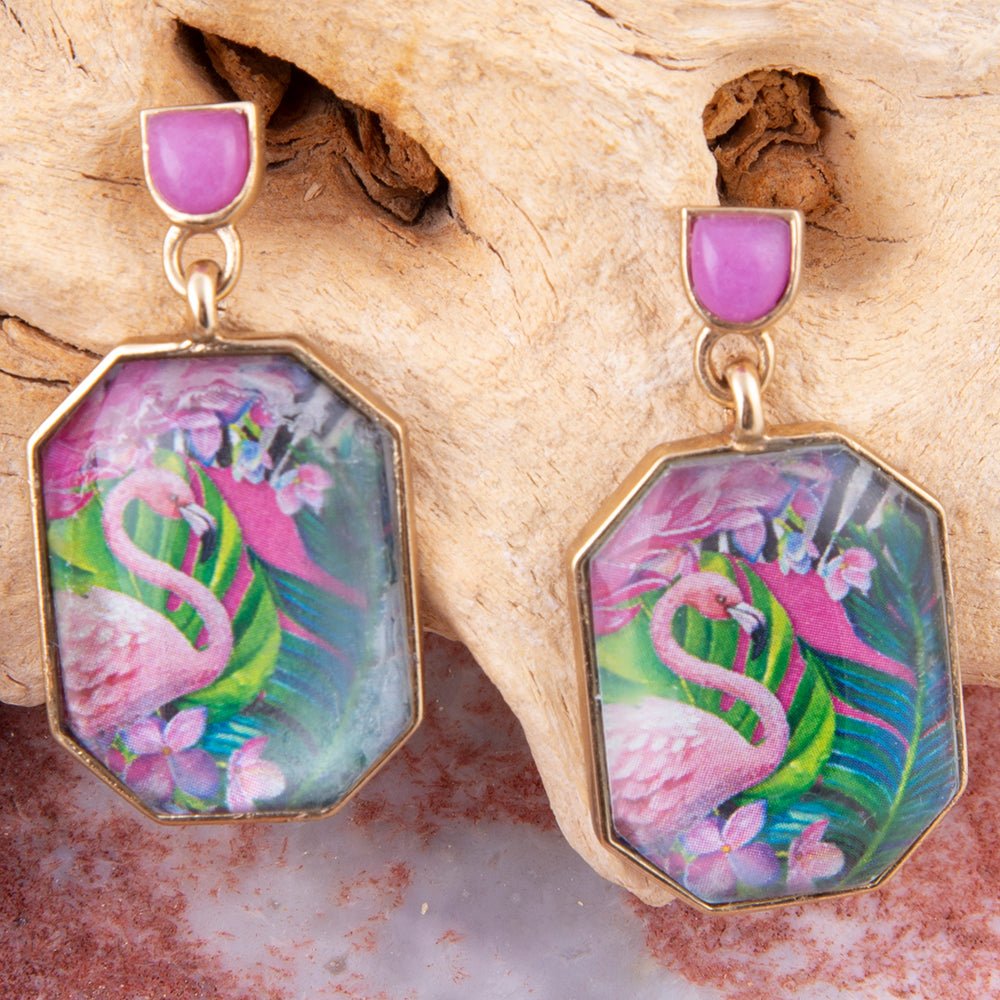 Flamingo Pink Agate Golden Post Drop Earrings - ThisandThatShoppe