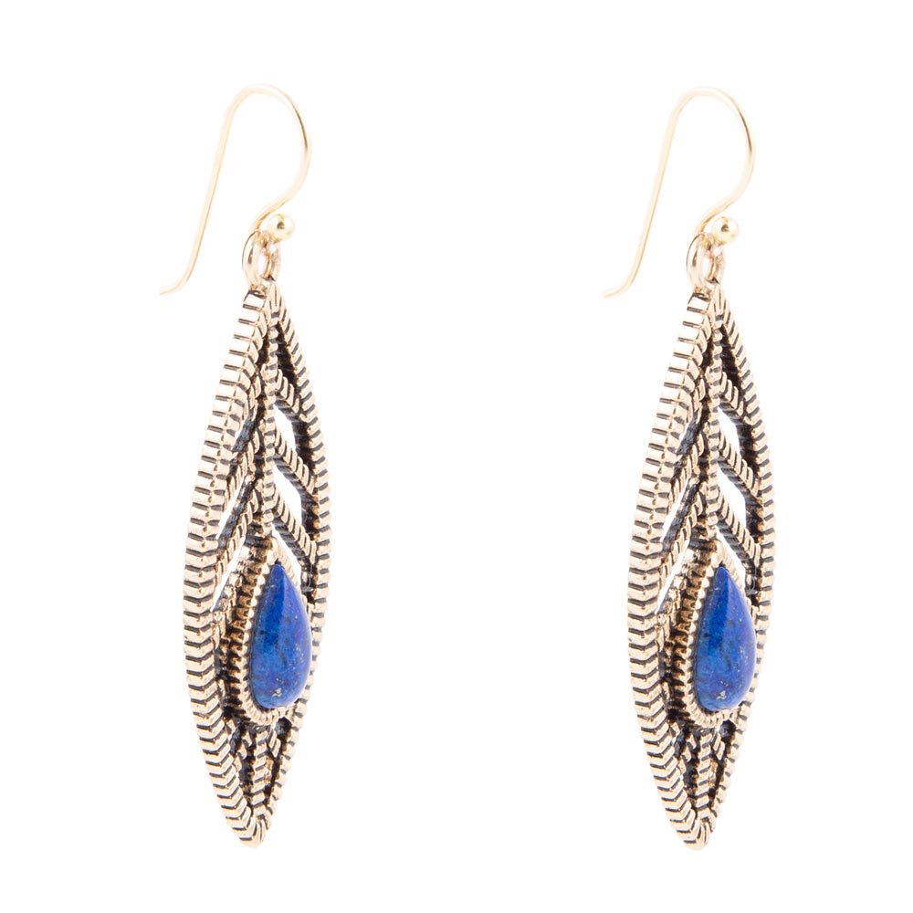 Flourished Blue Lapis Golden Feather Drop Earrings - ThisandThatShoppe
