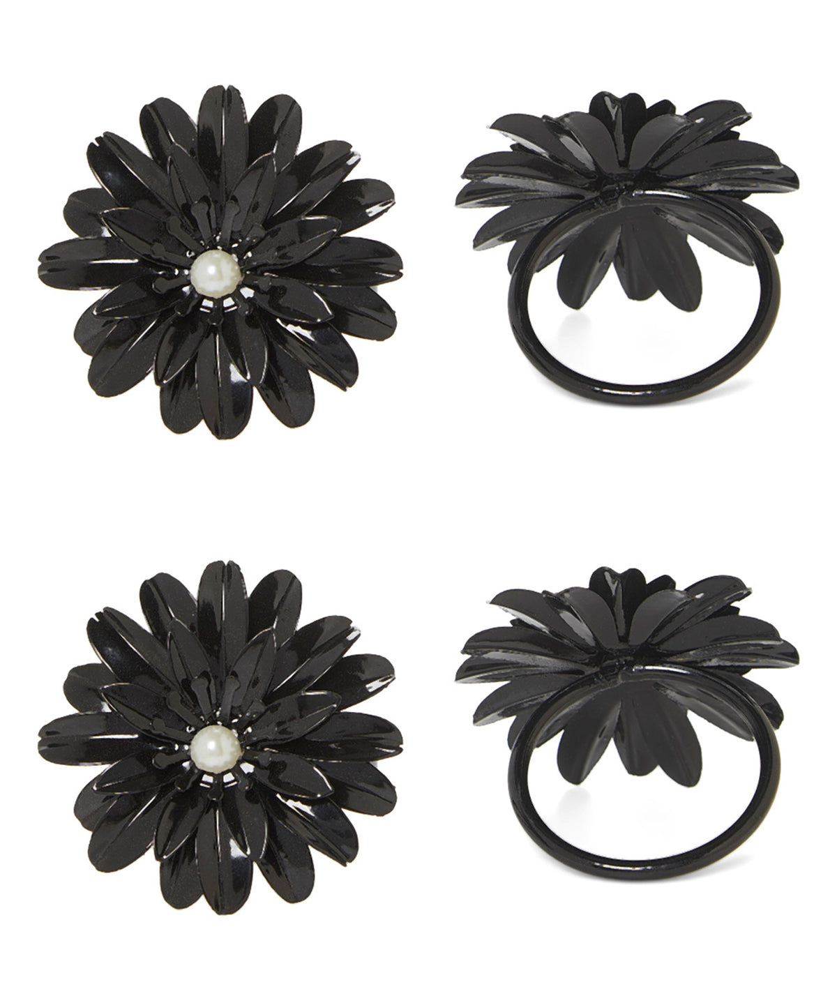 Vibhsa Black Floral Napkin Rings | Set of 4, Pearl Accents, Handcrafted