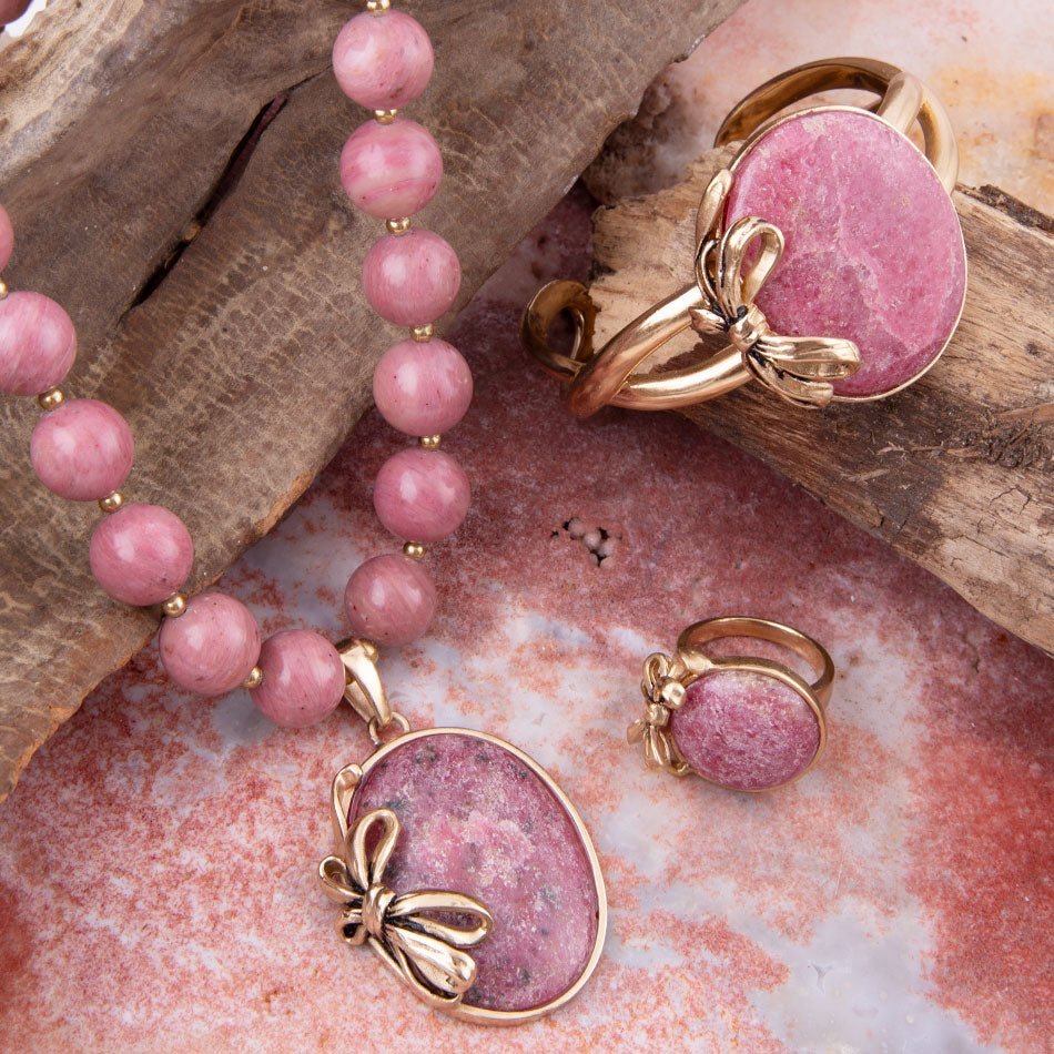 Gifted Pink Rhodonite Golden Bow Ring - ThisandThatShoppe