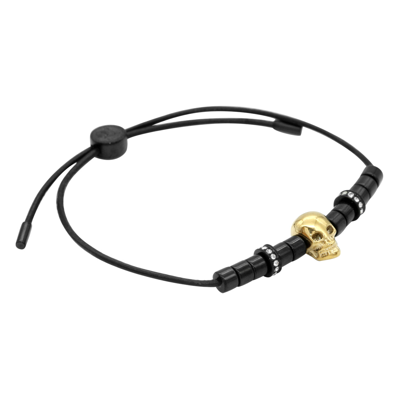 Bracelet Réglable en Cuir avec Cordon et Crâne Plaqué Or
