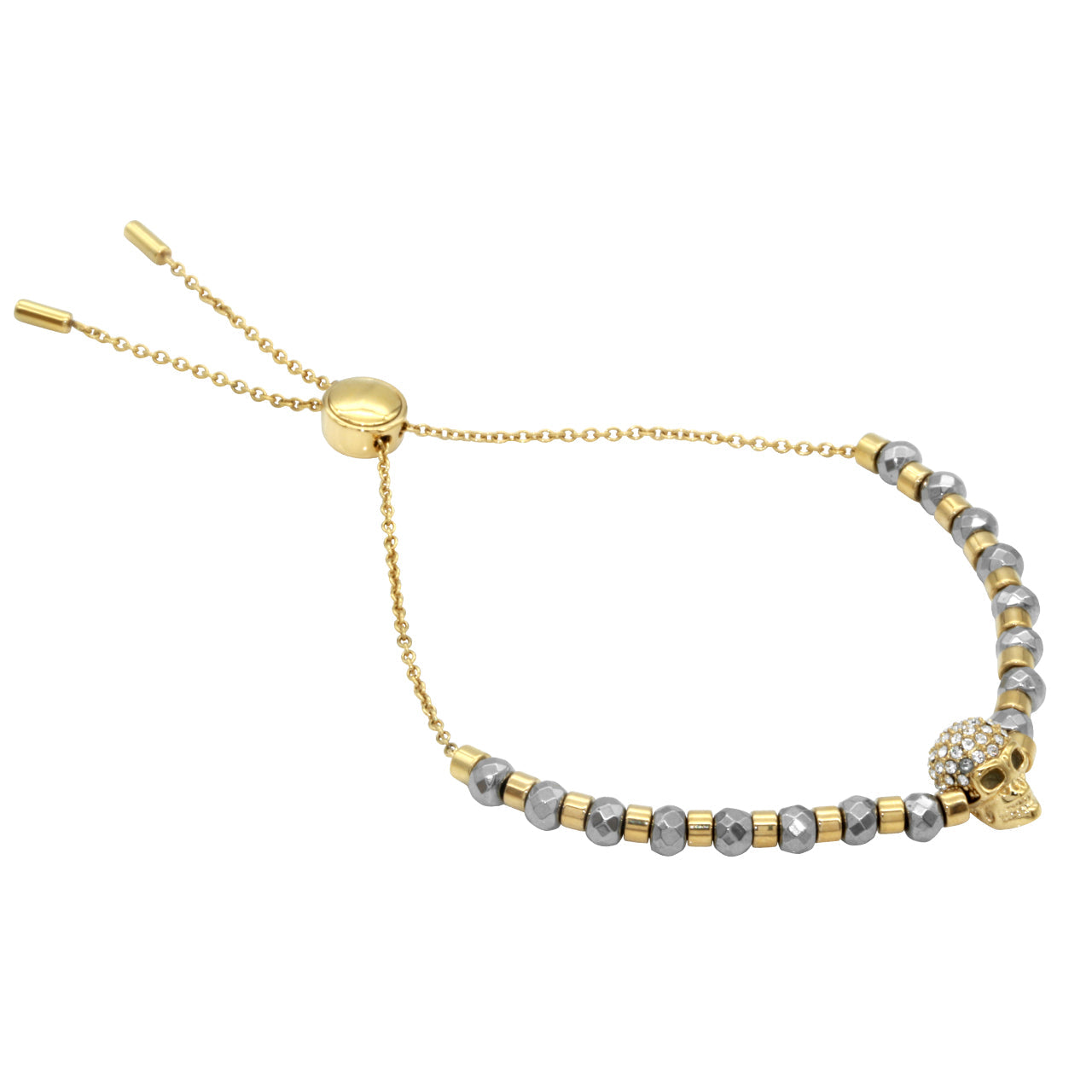 Bracelet perlé Tête de Mort dorée avec Pave de Cristal