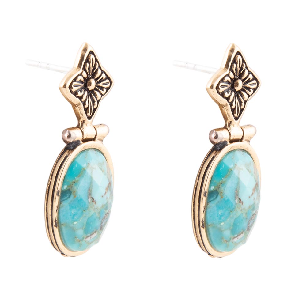 Golden Flower and Blue Turquoise Drop Earrings - ThisandThatShoppe