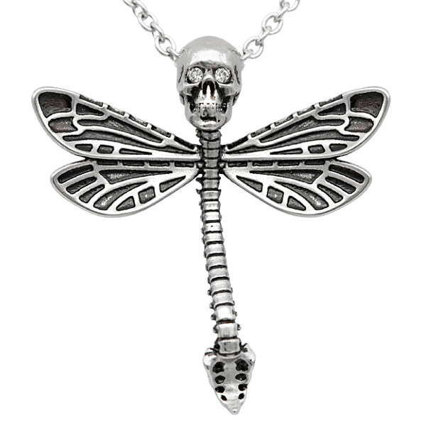 Collier Gothique Tête de Mort Libellule Pendentif Argent Sterling