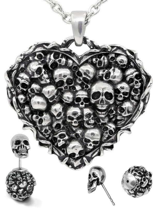 Gotisches Totenkopf Herz Halskette Ohrringe Set Silberfarben