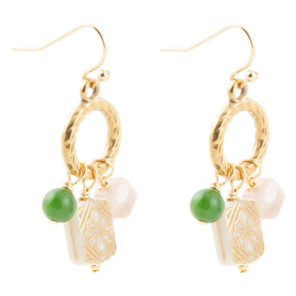 Green Jade and Pink Sunstone Golden Drop Earrings - ThisandThatShoppe
