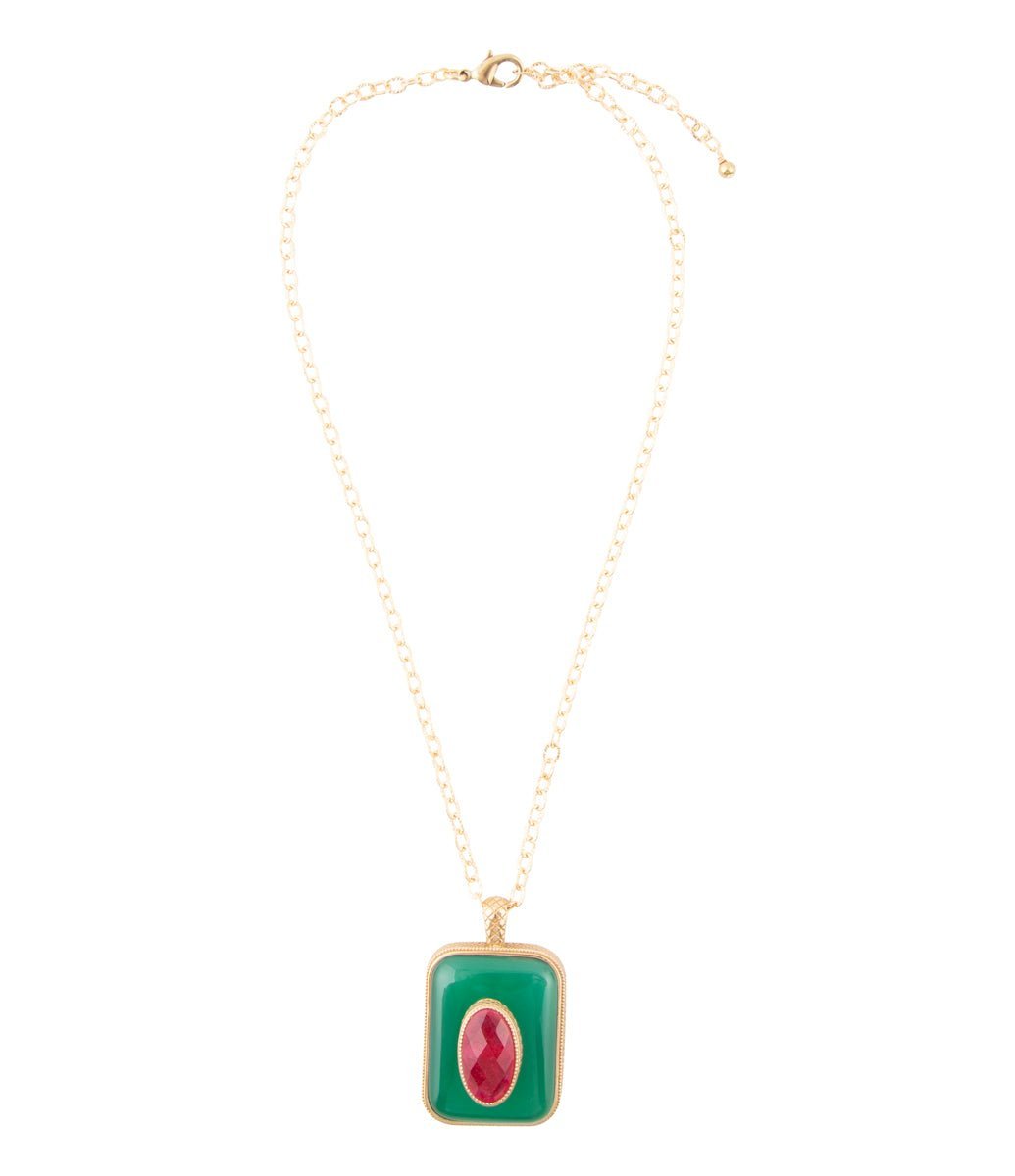 Green Onyx Stacked Red Quartz Golden Pendant Necklace - ThisandThatShoppe