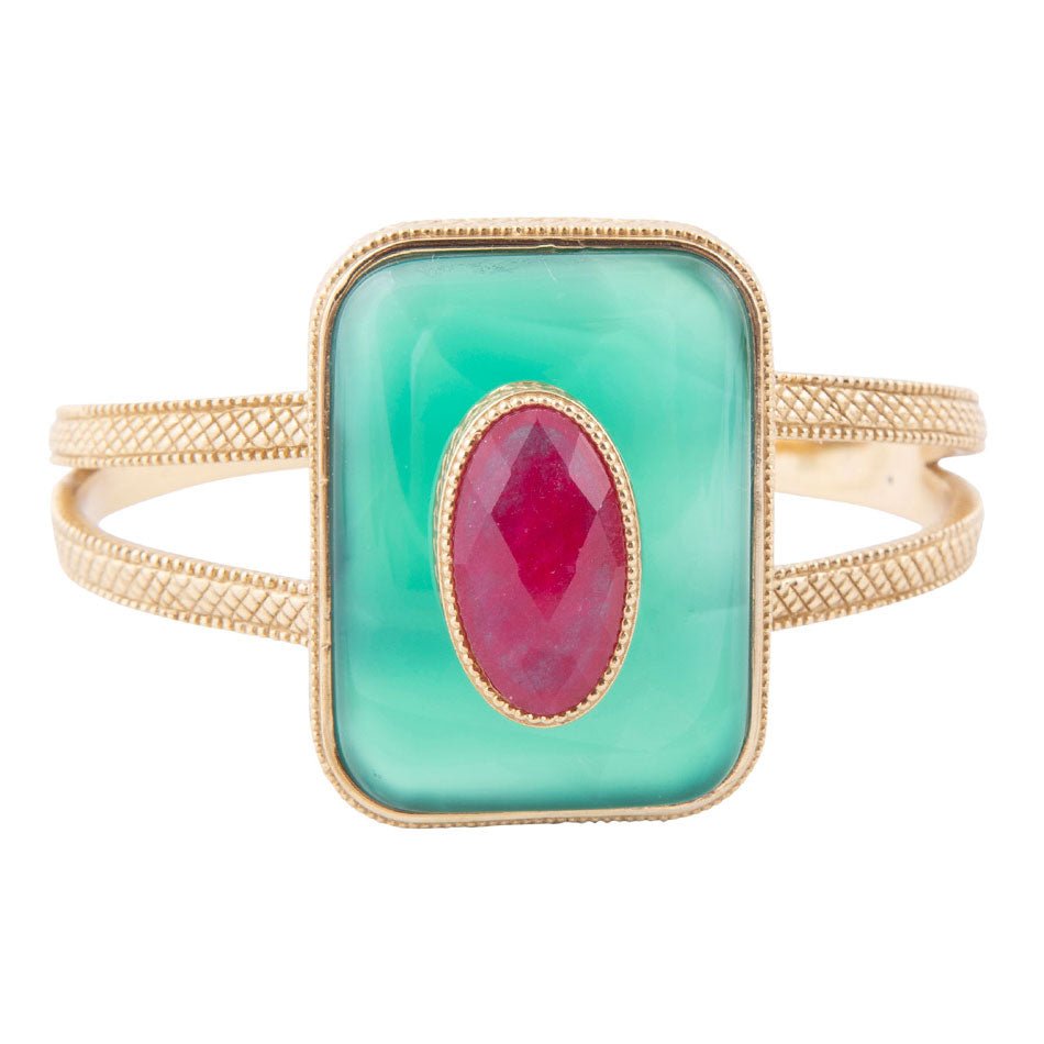 Green Onyx Stacked Red Quartz Golden Cuff Bracelet - ThisandThatShoppe