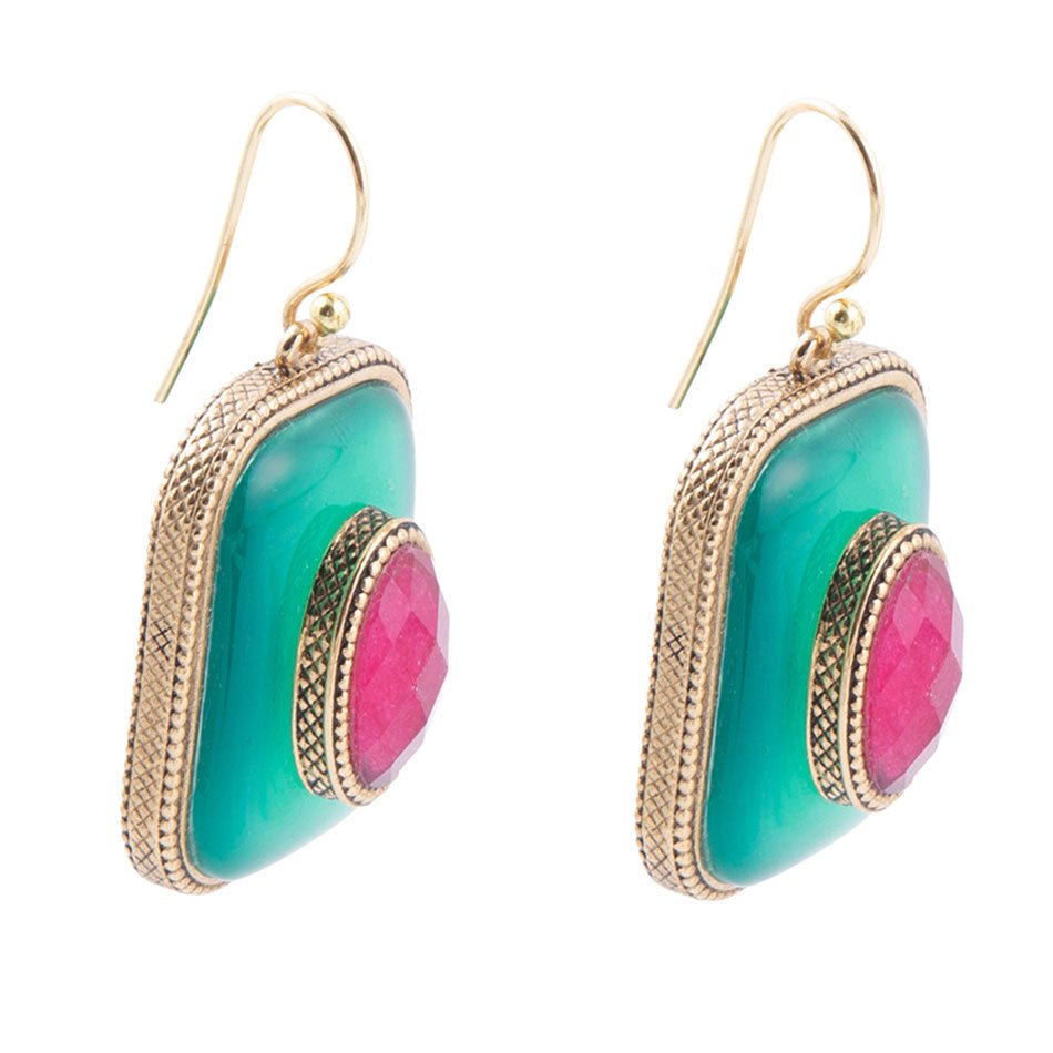 Green Onyx Stacked Red Stone Golden Drop Earrings - ThisandThatShoppe