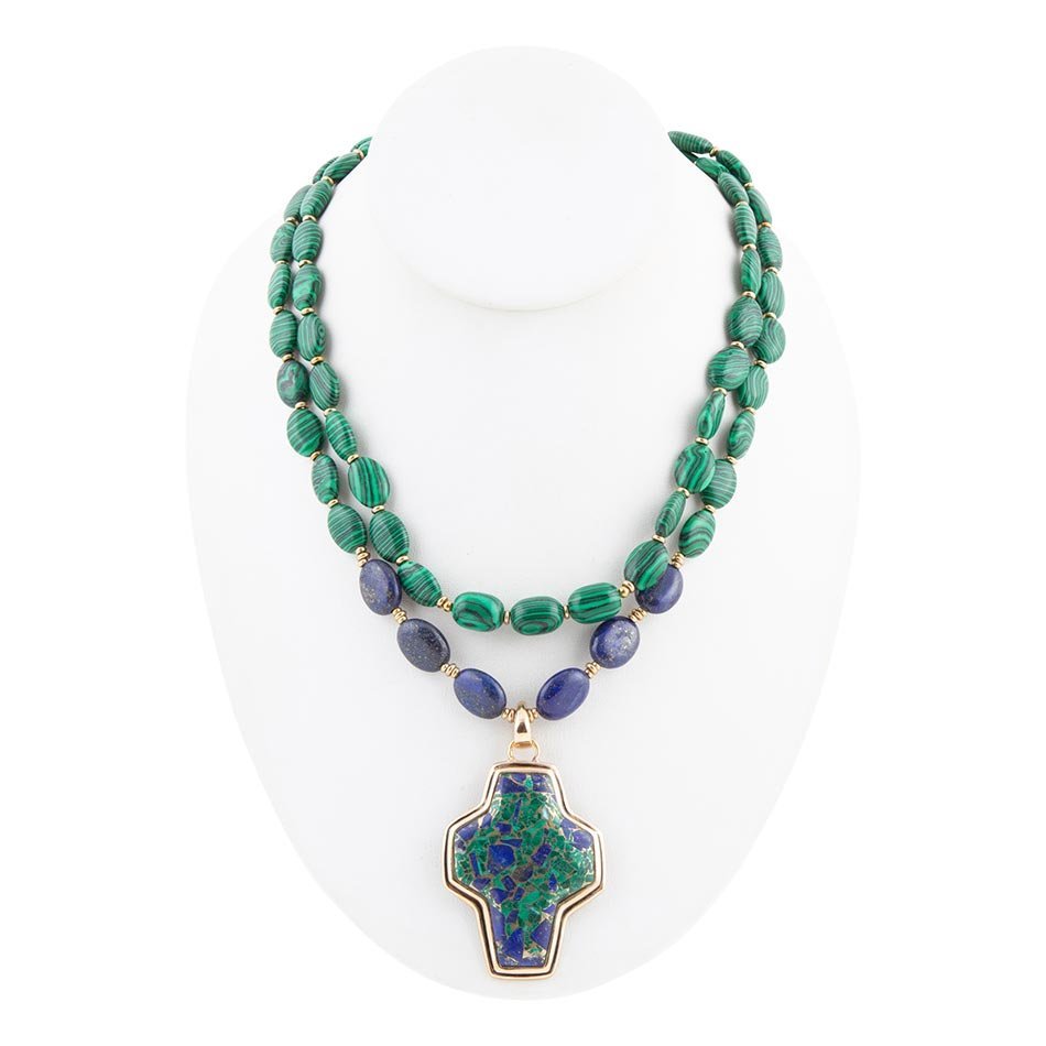 Green Malachite Azurite Cross Statement Golden Necklace - ThisandThatShoppe