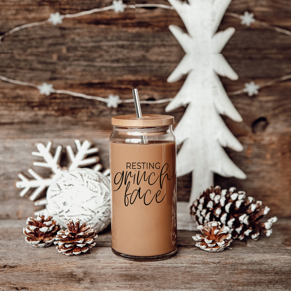 Grinch Face 17oz Glass Tumbler With Bamboo Lid and 2 Stainless Straws Holiday