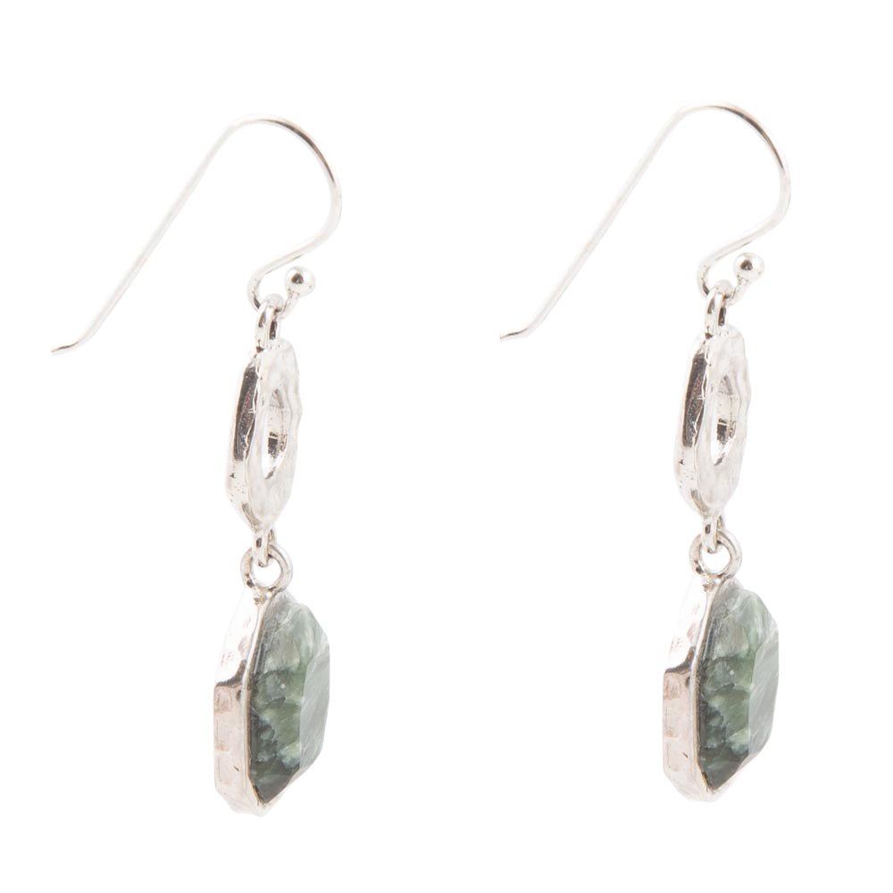 Hammered Green Seraphinite and Sterling Silver Drop Earrings - ThisandThatShoppe