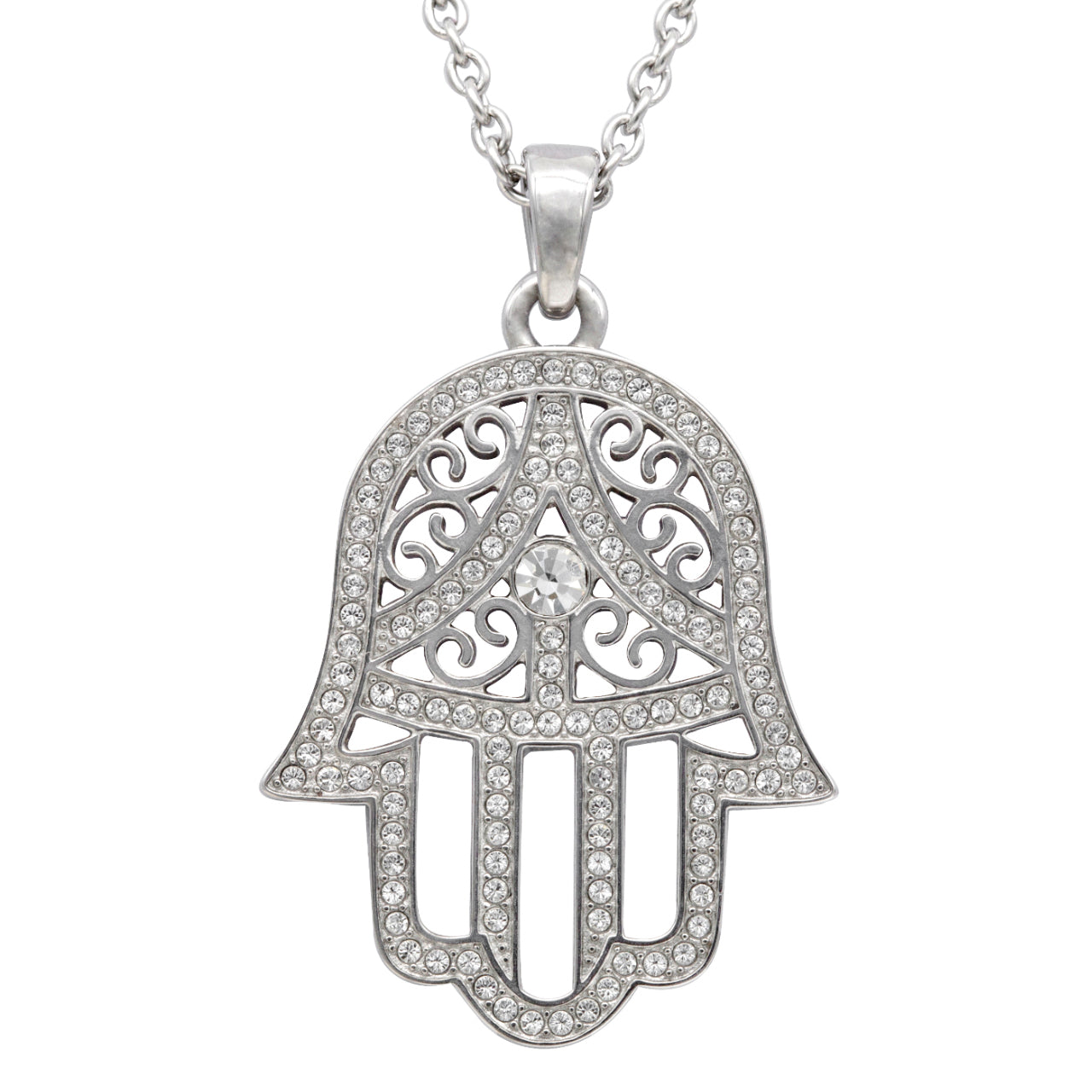 Collier pendentif Hamsa, argent, strass, amulette de protection