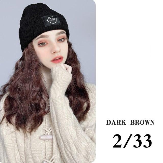 Hat Wig For Women Synthetic Long Wavy Wigs Autumn Winter Fashion Knitted Cap Hair Wig Hair Extensions Wigs For Black Women Cosplay Wigs For Women