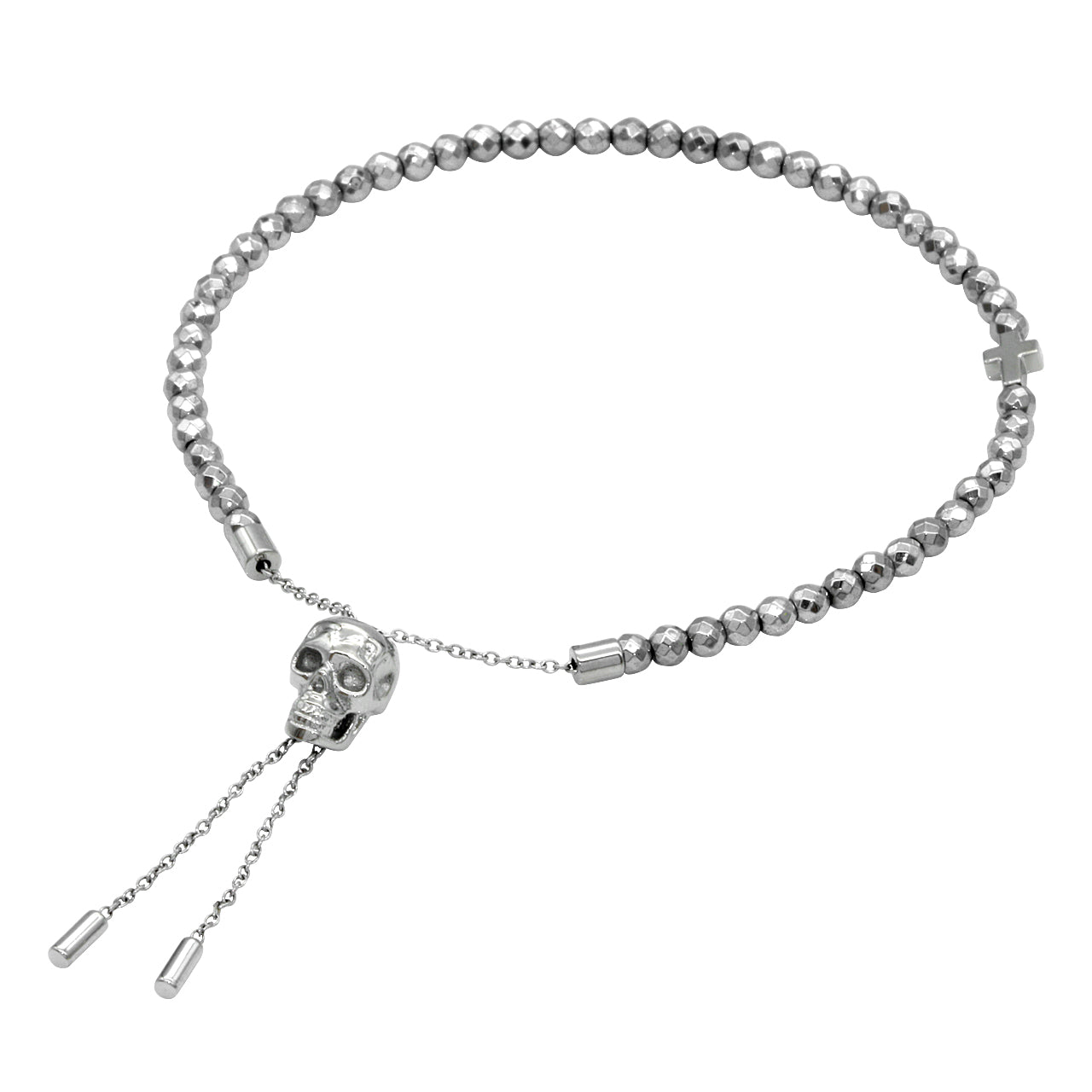 Bracelet à perles en hématite tête de mort, finition argentée