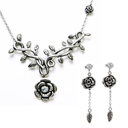 Hibiscus Rose Necklace And Long Dangle Earrings Set