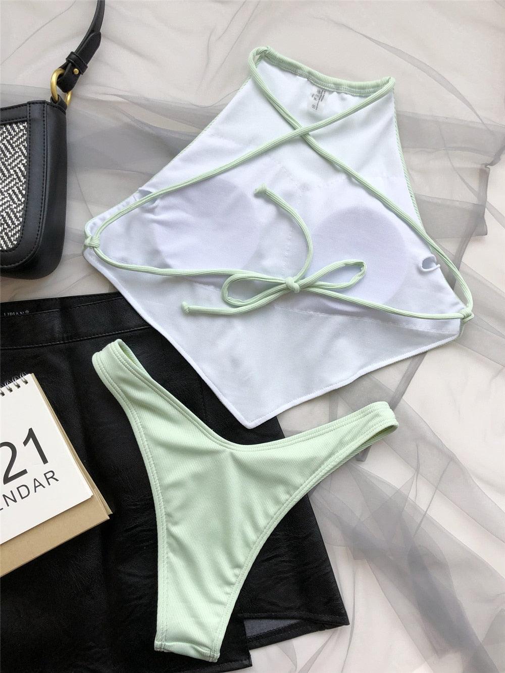 High Neck Swimwear Women Bikini Tied Top Swimsuit Female Brazilian Bikini Set Bathing Suit Swim Women's Bikini Set High Waist Scoop Collar Padded Swimsuit