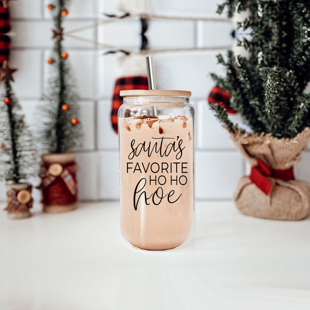 Weihnachten Weihnachtsmann Ho Ho Hoe 500ml Glasbecher mit Bambusdeckel, Edelstahlstrohhalmen und Strohhalmreiniger