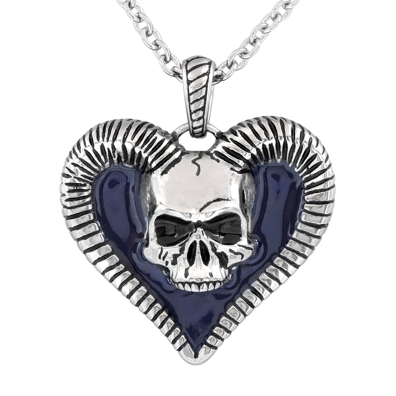 Collier Cœur Crâne Cornu Pendentif Gothique Argent Chaîne