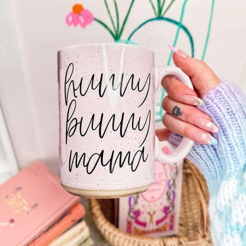 Keramiktasse „Hunny Bunny Mama“ 450 ml, groß, Pastell, Kaffeebecher, Blau, Rosa