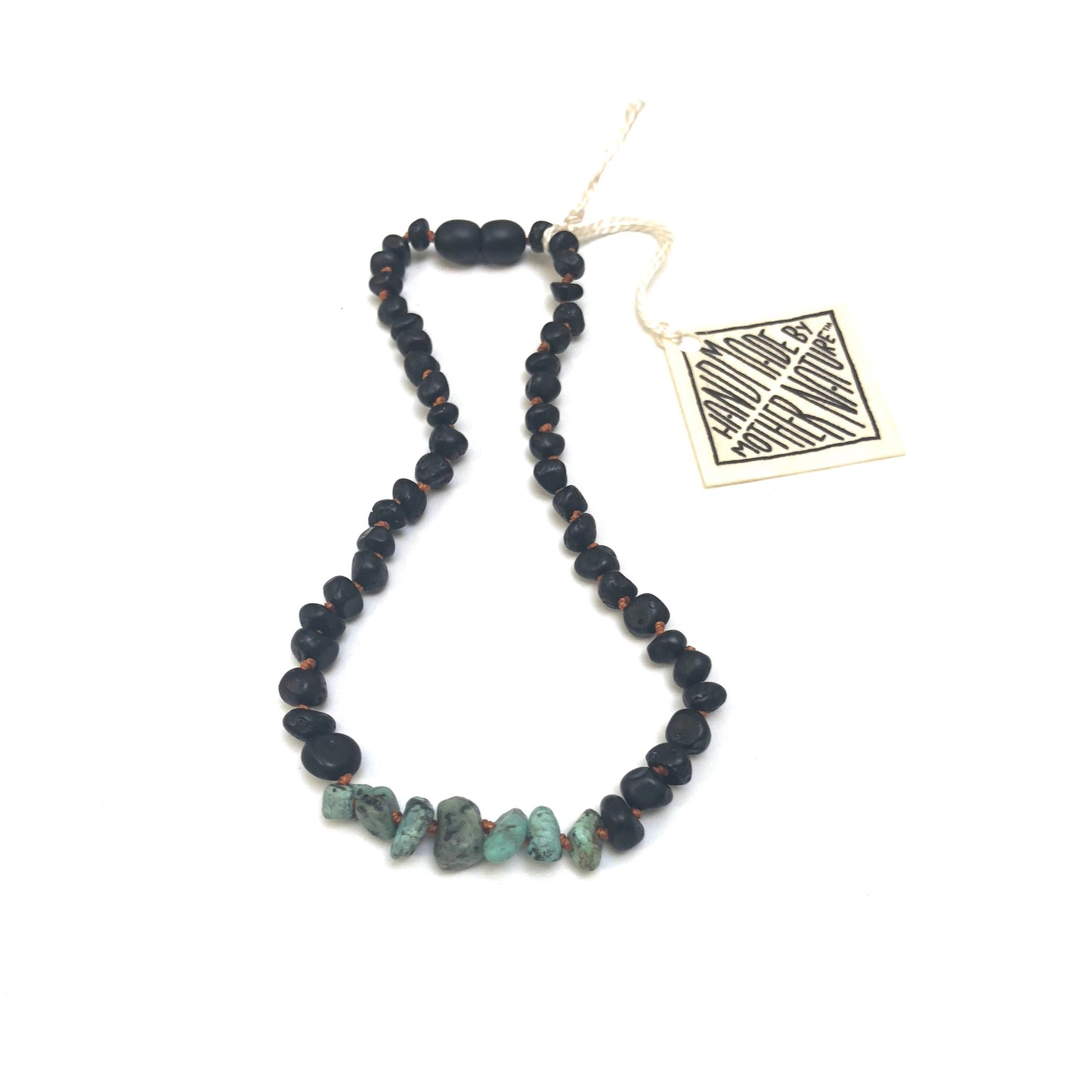 Collier en ambre de la Baltique noir brut + jaspe turquoise brut