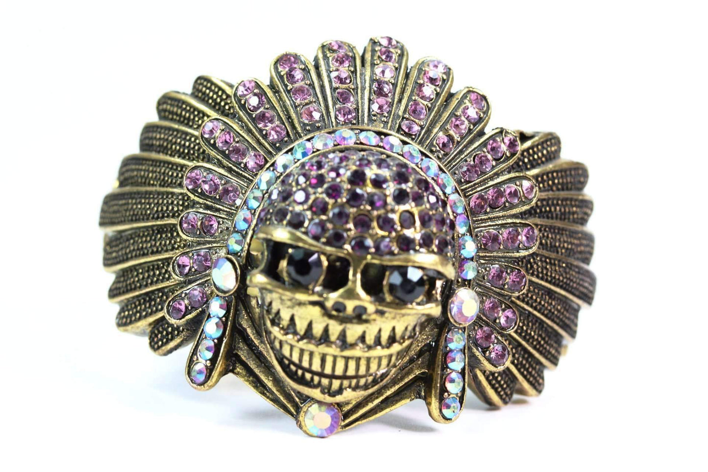 Indianerhäuptling Totenkopf Armreif Vintage Gold Kristall Federkopfschmuck