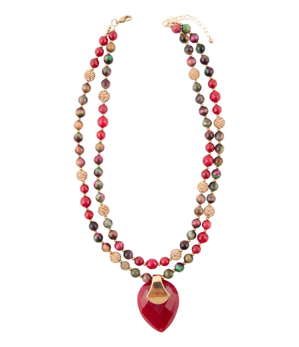 Jeweled Multi-Color Tiger's Eye and Rasberry Quartz Pendant Golden Necklace - ThisandThatShoppe