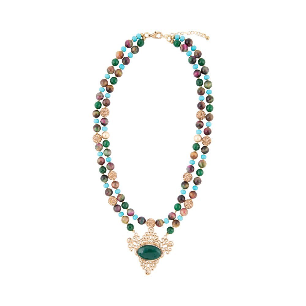 Jeweled Tyger's Eye and Green Onyx Golden Pendant Necklaces - ThisandThatShoppe