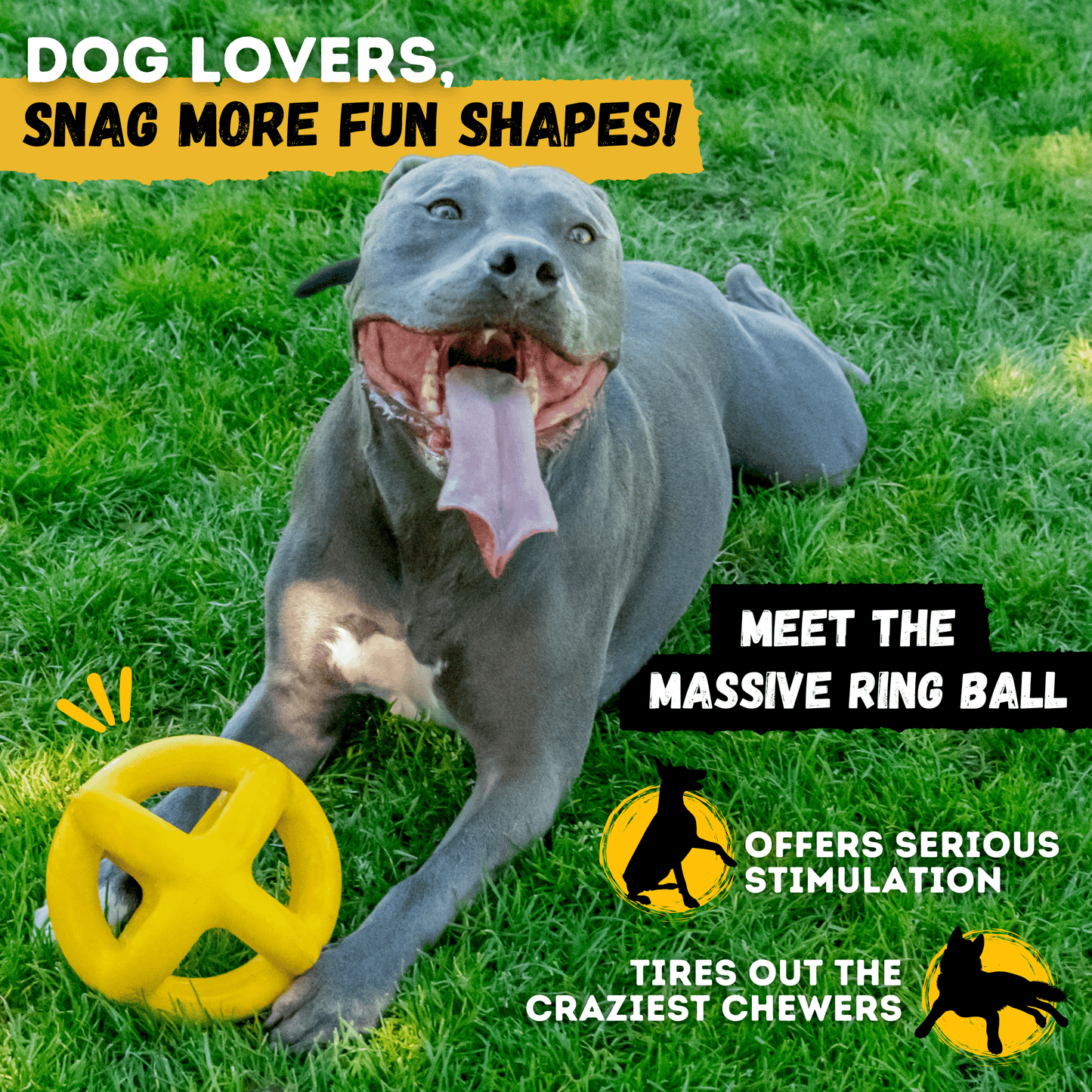Bright yellow WOOFBITE dog toy with unbreakable design for aggressive chewers made from heavy-duty rubber