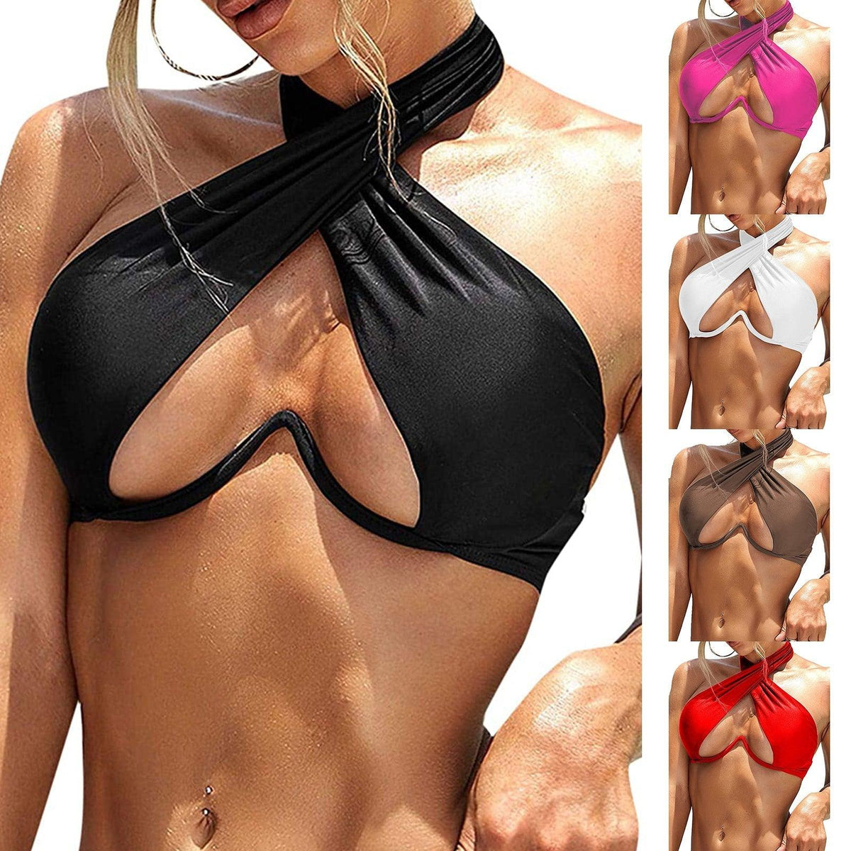 Ladies Summer Solid Color Swimsuit Female Detachable Shoulder Strap Halter Bikini Women's Bikini Swimsuits One Piece Bathing Suits Tie Knot Cutout Swimwear with Crisscross Design