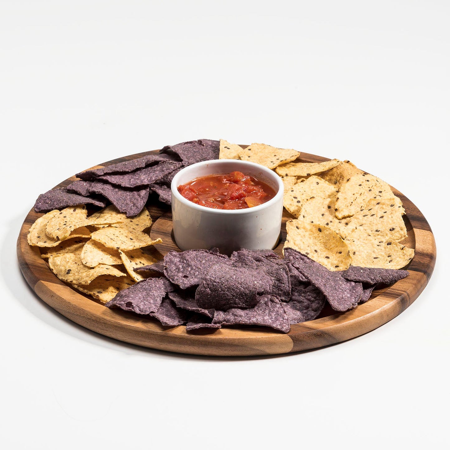 Große Akazienholz-Servierplatte für Chips und Dips mit Keramikschale, spülmaschinenfest