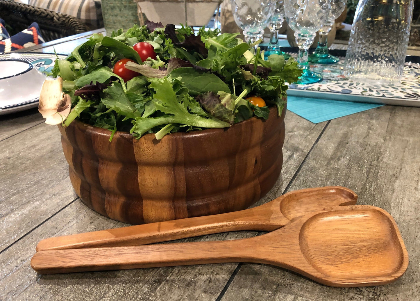 Grand saladier en céramique avec couverts de service – Bol de service pour salades et fruits