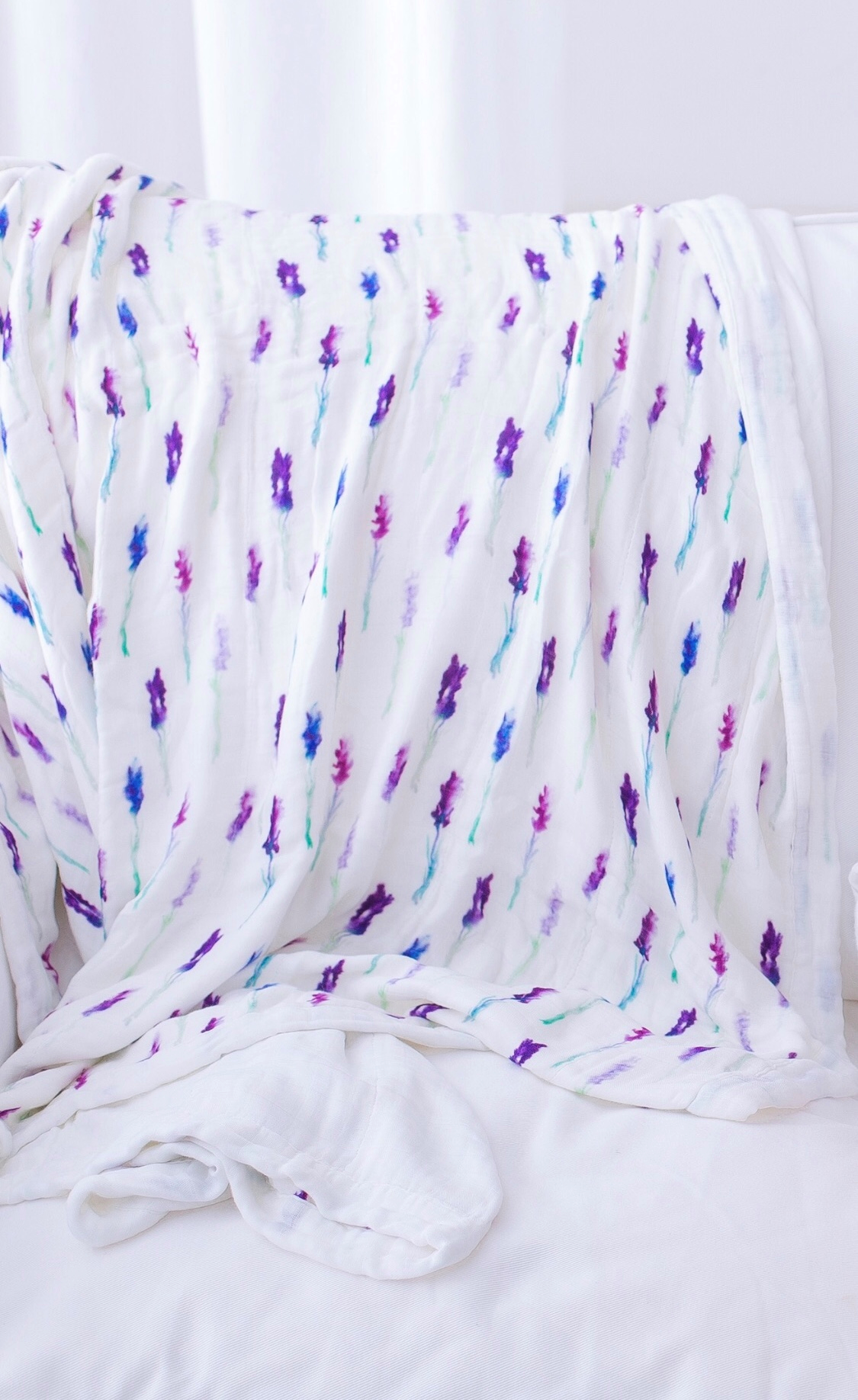 Lavender White Cotton Muslin Baby Swaddle Blanket 47x47
