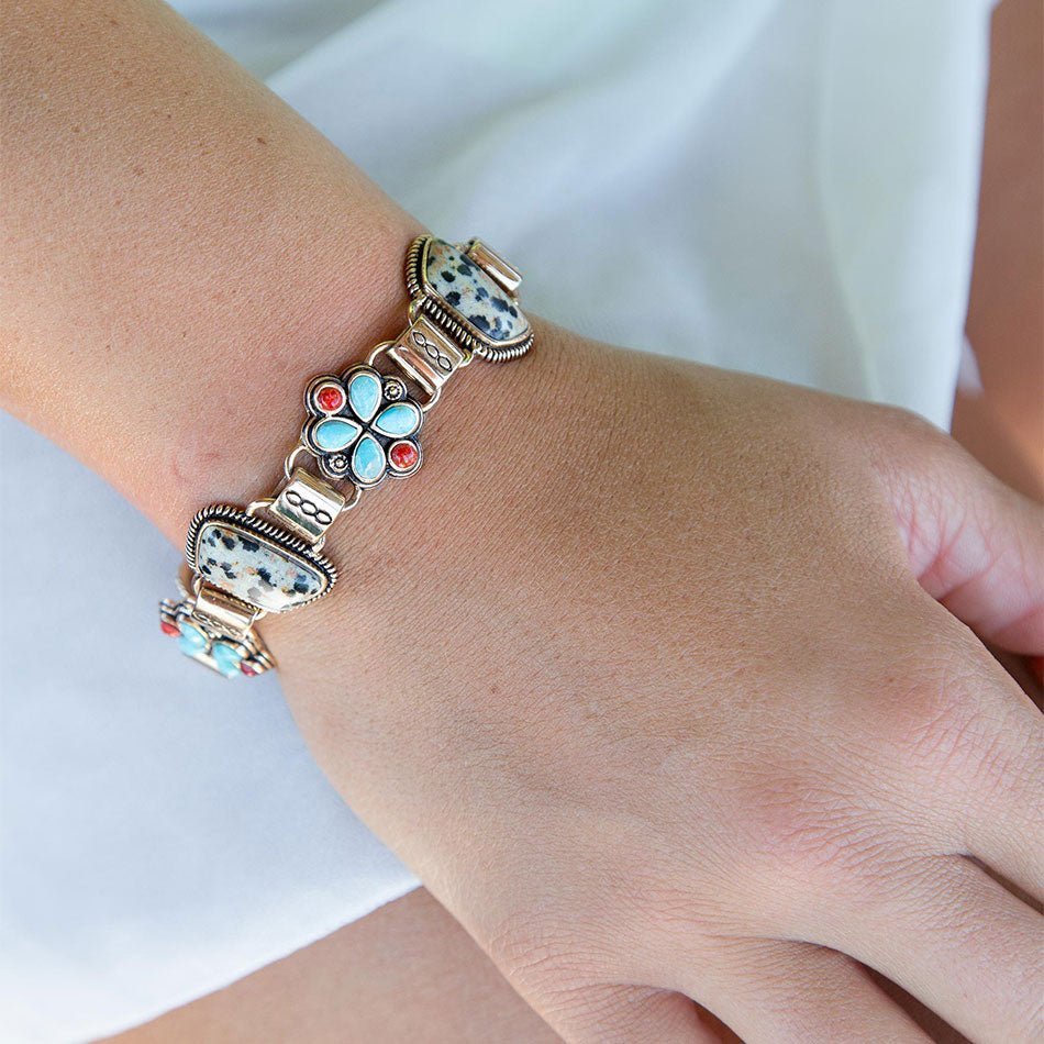 Legacy Blue Turquoise and Dalmatian Jasper Golden Bracelet - ThisandThatShoppe