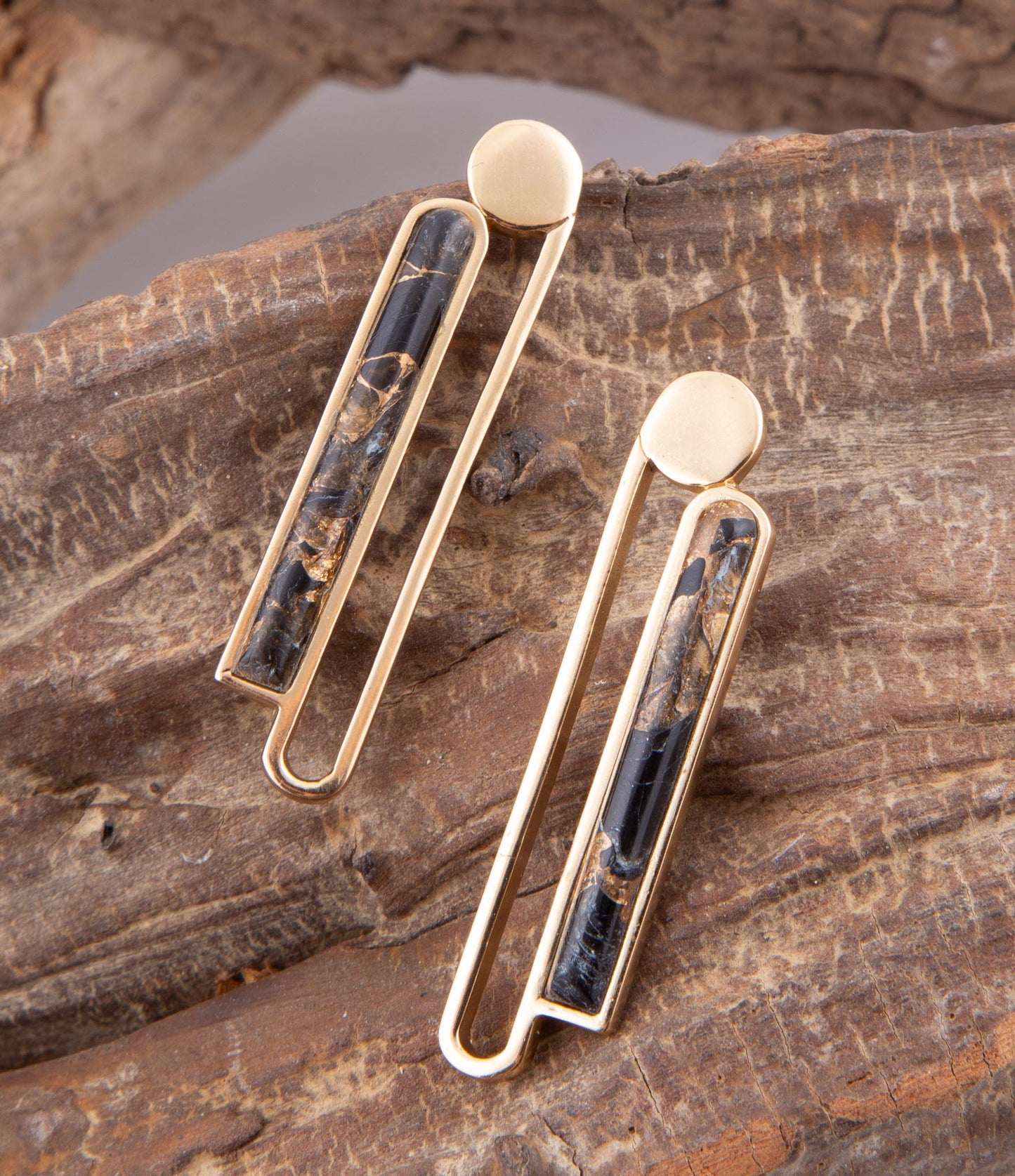 Linear Black and Gold Shungite Matrix and Golden Bronze Earrings - ThisandThatShoppe