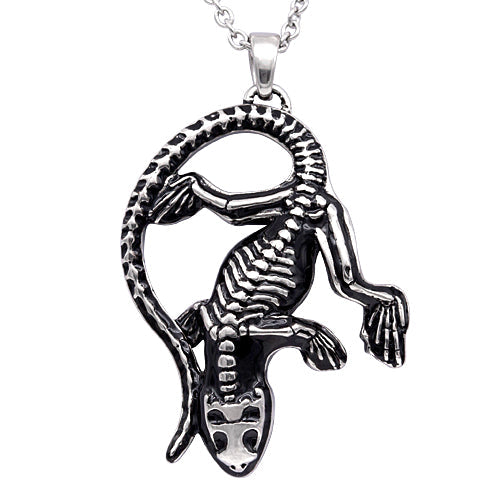 Collier Squelette Lézard Pendentif Reptile Gothique Argent