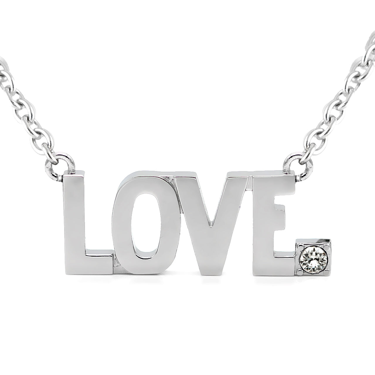 Love Block Letter Crystal Pendant Necklace Silver Sterling