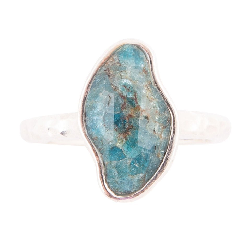 Luna Faceted Blue Apatite and Sterling Silver Hammered Ring - ThisandThatShoppe