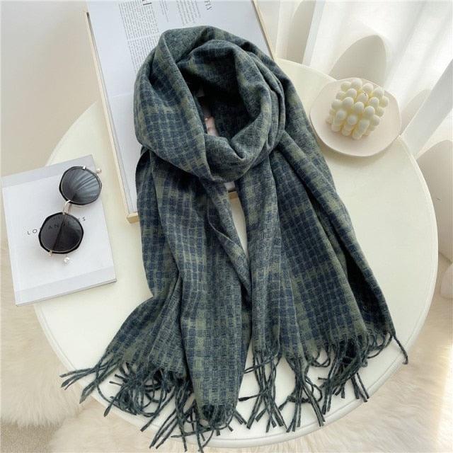 Winter Long Plaid Headwear Scarf Warm Shawls Cashmere Female Scarfs Scarves Lady Tassel Shawl Wraps For Women
