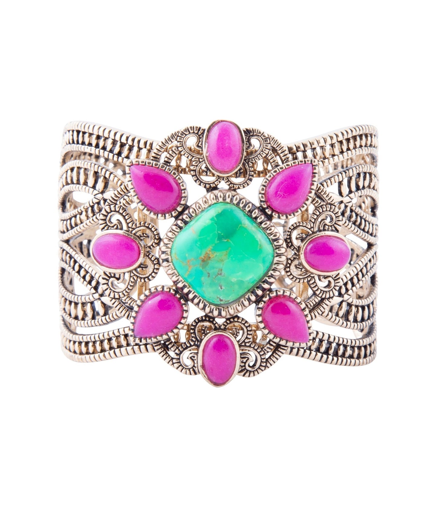 Armreif Madeira Limette und rosa Achat mit goldenem Statement