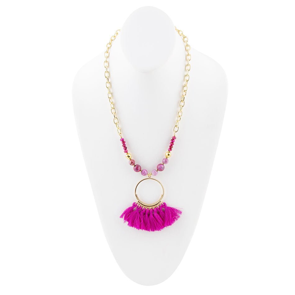 Pink Magenta Dreams Agate Tassel Golden Necklace - ThisandThatShoppe