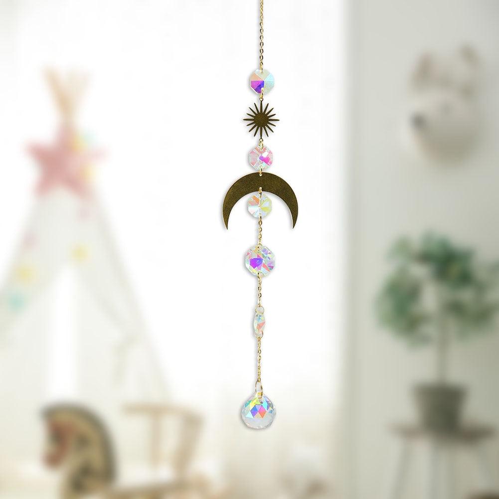 Metallic Hoop Moon Sun Wind Chimes K9 Crystal Prisms Hanging Sun-catcher Rainbow Chaser Window Curtains Pendant Home Decor Gifts For Wall Hanging Decor Room Home Photography Prop