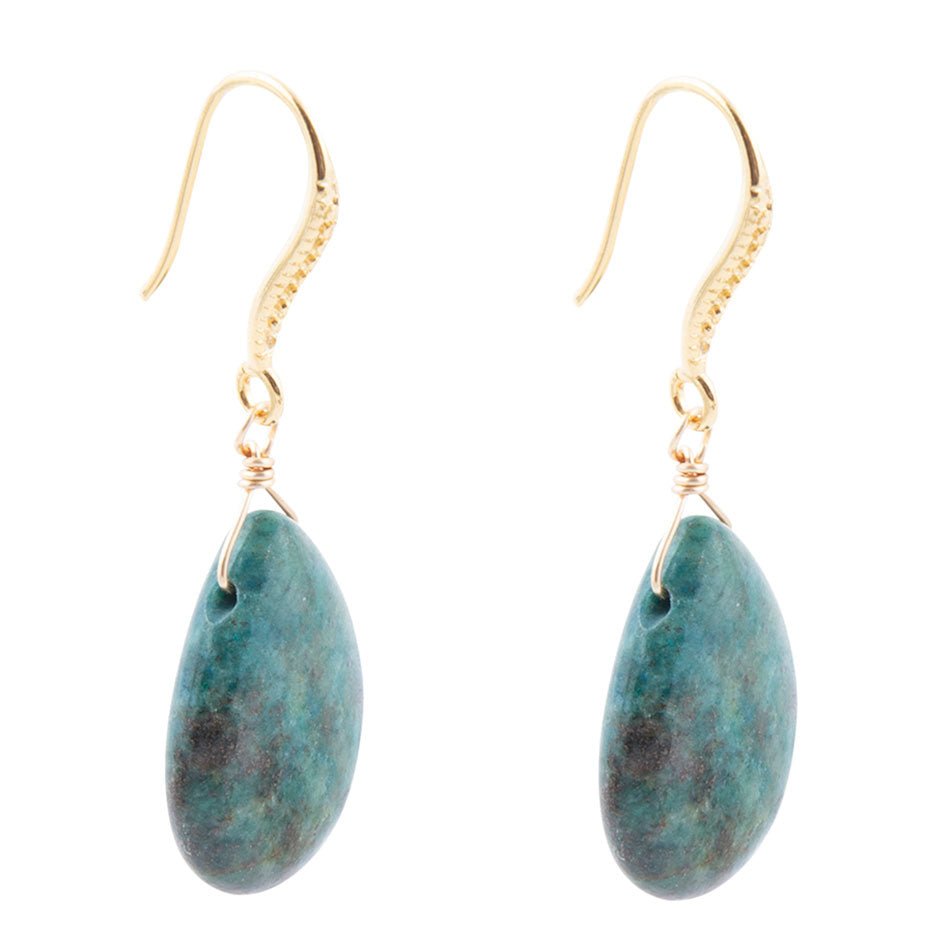 Ohrringe mit Tropfen aus blau-grünem Chrysokoll und Gold