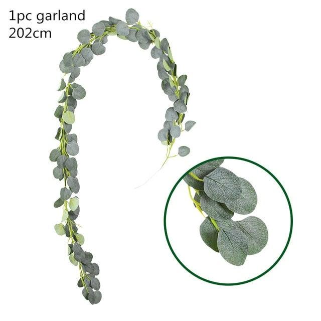 Modern Artificial Green Eucalyptus Leaves Garland Wisteria Rattan Fake Decor Silk Leaf Vines For Wedding Birthday Party Decor