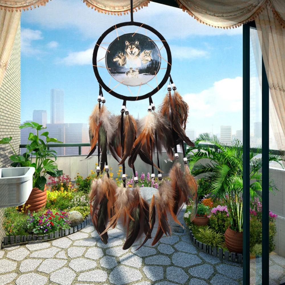 Modern Dream Catcher Wolf Totem Car Hanging Ornaments Pendant Wolf Decor Traditional Feather Wind Chimes Handmade For Bedroom Wall Hanging Home Decorations Crafts
