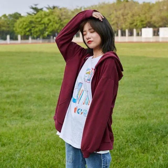 Modern With Hat Hoodies Women Kangaroo Pocket Casual Loose Solid Color Sweatshirt Female Fashion New Female Tops Sports Clothing Oversized Zip Hooded Sweatshirt Cotton Women Autumn Hoodie