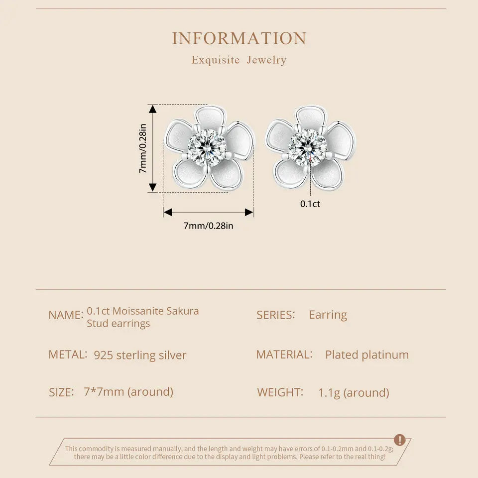 Boucles d'oreilles clous Sakura en argent sterling 925 et moissanite VVS1 à vis