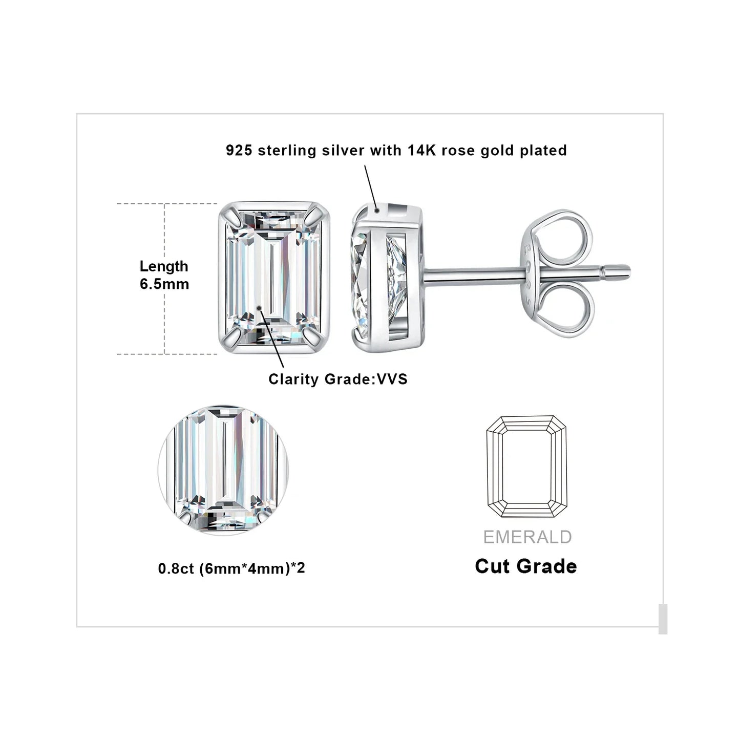 Boucles d'oreilles clous en argent sterling 925, coupe émeraude, paires de moissanites 1,6 ct, couleur D